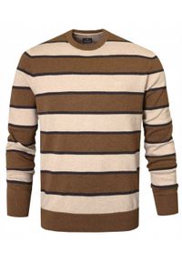 Bawełniany Sweter Męski, Okrągły Dekolt - Pako Jeans - Brąz i Beż, Pasy. Kolor: brązowy, wielokolorowy, beżowy. Materiał: bawełna. Styl: klasyczny, elegancki