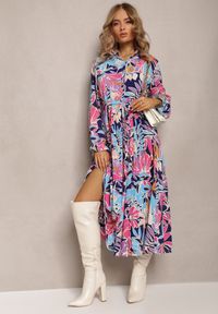 Renee - Niebiesko-Różowa Plisowana Sukienka Maxi w Kwiaty z Wiązanym Paskiem Marleen. Kolor: niebieski. Materiał: materiał. Wzór: kwiaty. Długość: maxi #4