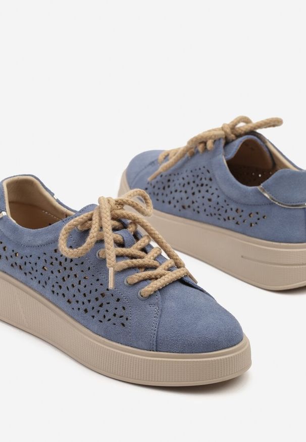 Renee - Niebieskie Ażurowe Sneakersy w Stylu Tenisówek ze Skóry Naturalnej Lirivra. Kolor: niebieski. Materiał: skóra. Wzór: ażurowy. Obcas: na obcasie