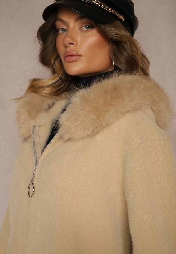 Renee - Beżowy Rozpinany Płaszcz z Wiskozą Wełną i Futerkiem Xesalttia. Okazja: do pracy. Kolor: beżowy. Materiał: futro, wełna, wiskoza. Styl: elegancki
