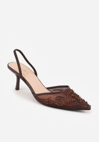 Born2be - Brązowe Czółenka Siateczkowe na Szpilce Ozdobione Perełkami i Haftami Vilania. Okazja: na co dzień. Zapięcie: pasek. Kolor: brązowy. Materiał: satyna. Wzór: haft, aplikacja. Obcas: na szpilce. Styl: casual, klasyczny, elegancki #6