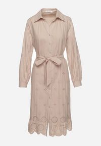 Born2be - Beżowa Koszulowa Sukienka z Bawełny Zapinana na Guziki z Materiałowym Paskiem i Koronką Uzilara. Kolor: beżowy. Materiał: bawełna, koronka, materiał. Długość rękawa: długi rękaw. Wzór: koronka. Typ sukienki: koszulowe. Styl: klasyczny #4