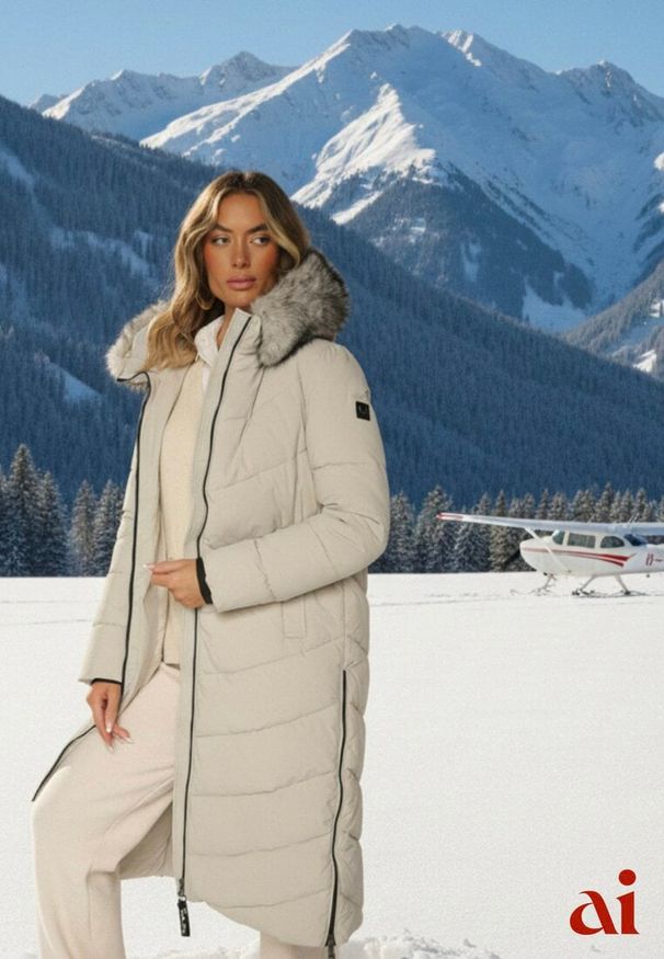 Renee - Beżowa Pikowana Kurtka o Długim Kroju z Kapturem z Futrem Galianesa. Okazja: na co dzień, na spacer. Typ kołnierza: kaptur. Kolor: beżowy. Materiał: futro. Długość: długie. Wzór: aplikacja. Styl: casual, elegancki