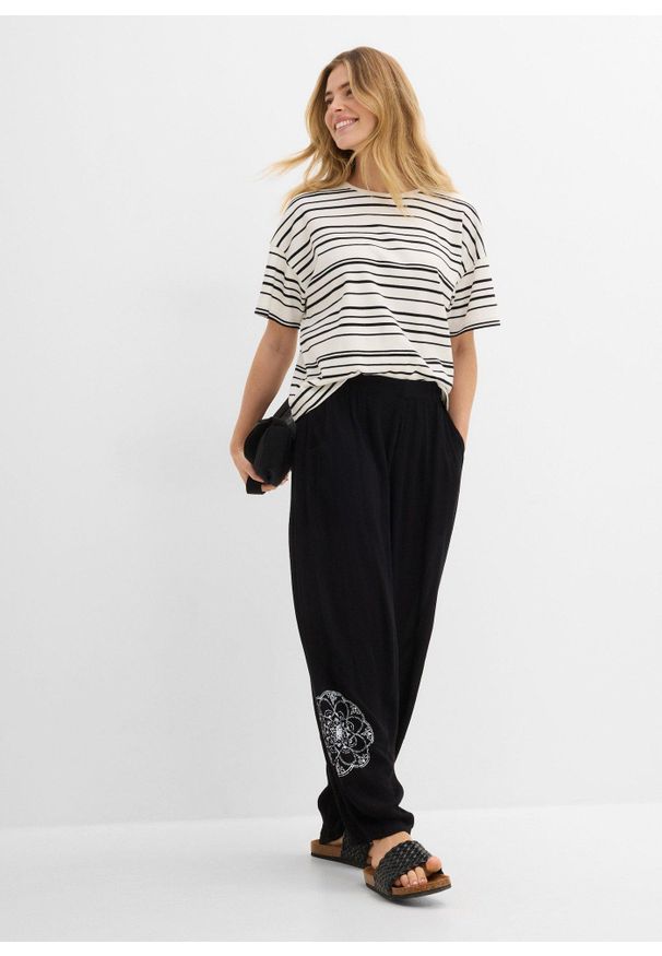bonprix - Spodnie haremki z wiskozy. Kolor: czarny. Materiał: wiskoza. Wzór: nadruk