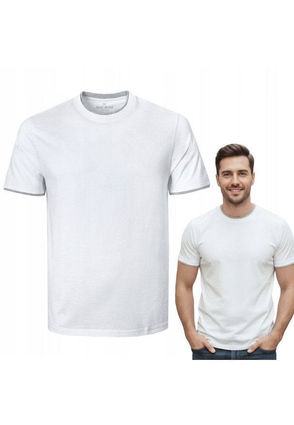 Jednokolorowa Koszulka z Lamówką - Pako Jeans - Biała. Okazja: na co dzień. Kolor: biały. Materiał: bawełna. Styl: casual