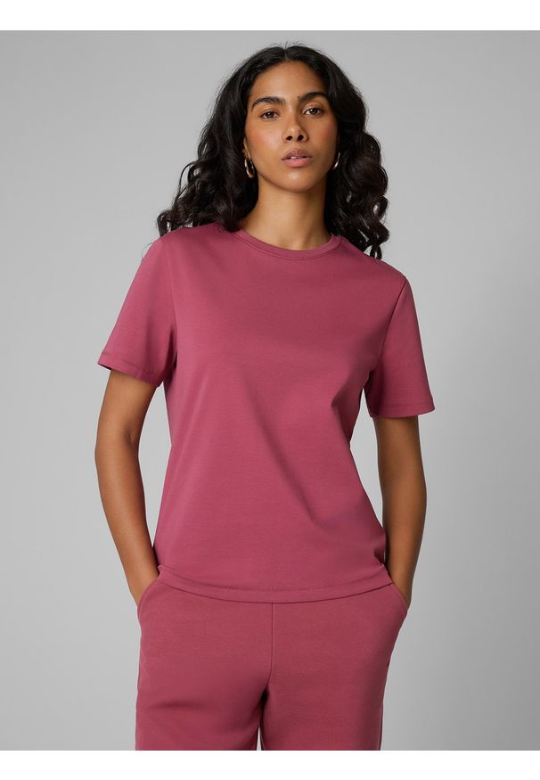 4f - 4F T-shirt regular gładki damski - burgundowy M. Okazja: na co dzień. Kolor: czerwony. Materiał: materiał. Wzór: gładki. Styl: casual