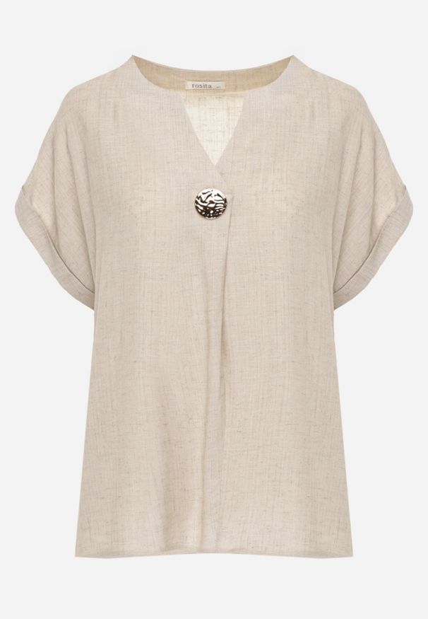 Born2be - Beżowa Nietoperzowa Bluzka z Krótkim Rękawem z Lnem i Wiskozą Isirtila. Okazja: na co dzień, do pracy. Kolor: beżowy. Materiał: wiskoza, len. Długość rękawa: krótki rękaw. Długość: krótkie. Sezon: lato. Styl: casual, klasyczny, elegancki