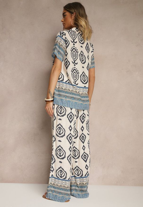 Renee - Niebieski Komplet z Wiskozy Luźne Spodnie i Bluzka w Print Boho Ralkio. Kolor: niebieski. Materiał: wiskoza. Wzór: nadruk