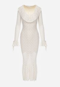 Renee - Beżowa Wieczorowa Sukienka z Koronki Zdobiona Falbanami Lunetra. Typ kołnierza: dekolt w kształcie V. Kolor: beżowy. Materiał: koronka. Wzór: aplikacja, koronka. Styl: wizytowy #9