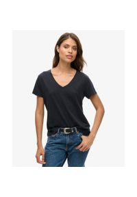 Superdry - Koszulka z haftem V w slubie.. Kolor: niebieski. Materiał: bawełna. Wzór: haft #1