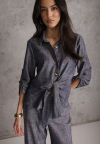 Renee - Niebieski Komplet z Wiskozą Bawełną i Lnem Wiązana Koszula i Szerokie Spodnie Ravisela. Kolor: niebieski. Materiał: wiskoza, bawełna, len #2