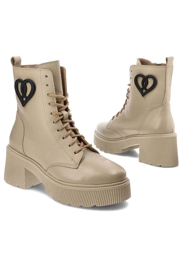 Beżowe Botki Armodo Ocieplane Buty Damskie. Kolor: beżowy. Materiał: materiał, skóra. Styl: elegancki