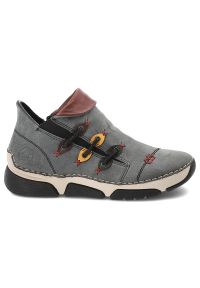 Botki damskie Rieker, antistress gruba podeszwa ozdobna cholewka ocieplane i na suwak, niebieskie, 45983-14. Okazja: na co dzień. Zapięcie: sznurówki. Kolor: szary. Materiał: syntetyk, materiał. Szerokość cholewki: normalna. Wzór: kolorowy. Styl: casual #3