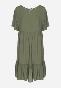 Born2be - Ciemnozielona Sukienka z Bawełny o Rozkloszowanym Kroju z Wiązaniem przy Dekolcie Mepilea. Okazja: na co dzień. Kolor: zielony. Materiał: bawełna. Długość rękawa: krótki rękaw. Sezon: wiosna, lato. Typ sukienki: rozkloszowane. Styl: elegancki, casual, klasyczny #3