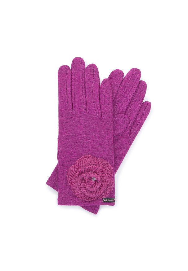 Wittchen - Damskie rękawiczki z włóczkowym kwiatkiem. Kolor: różowy. Materiał: wełna. Wzór: kwiaty. Styl: casual, elegancki