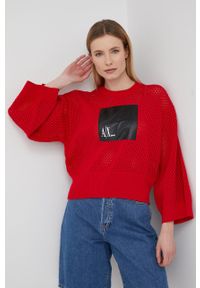 Armani Exchange sweter damski kolor czerwony. Kolor: czerwony. Materiał: dzianina. Długość rękawa: długi rękaw. Długość: długie