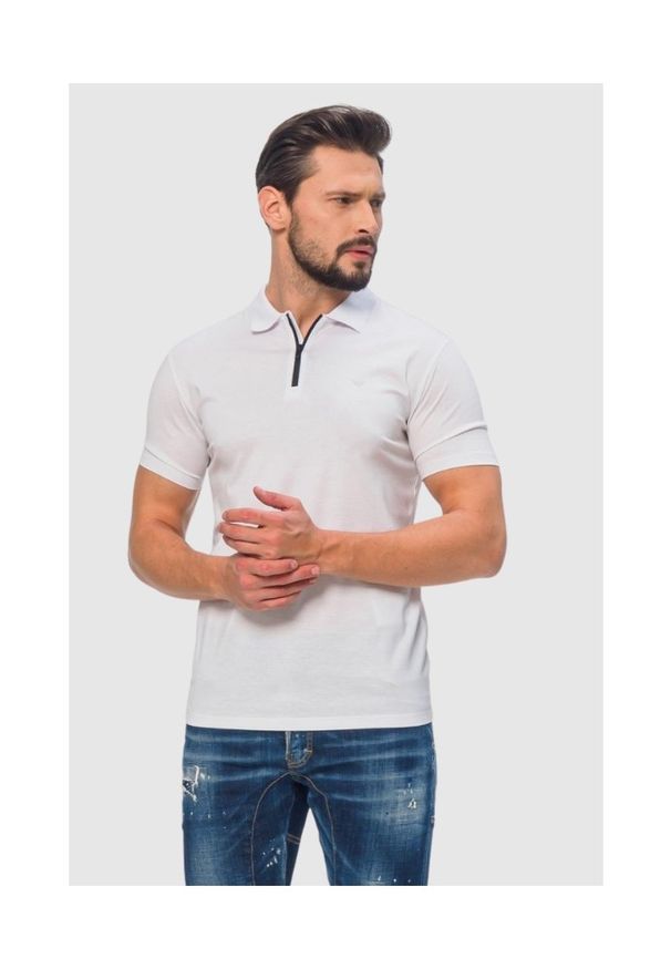 Emporio Armani - EMPORIO ARMANI Biała męska koszulka polo na zamek, Rozmiar M. Typ kołnierza: polo. Kolor: biały. Materiał: prążkowany. Wzór: aplikacja