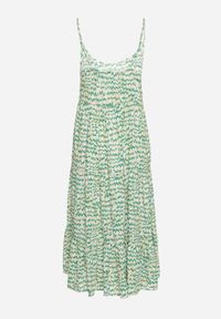 Born2be - Zielona Wiskozowa Sukienka z Cienkimi Ramiączkami Ozdobiona Guzikami i Falbanką Vikini. Typ kołnierza: dekolt w kształcie V. Kolor: zielony. Materiał: wiskoza. Długość rękawa: na ramiączkach. Wzór: aplikacja. Styl: klasyczny #6