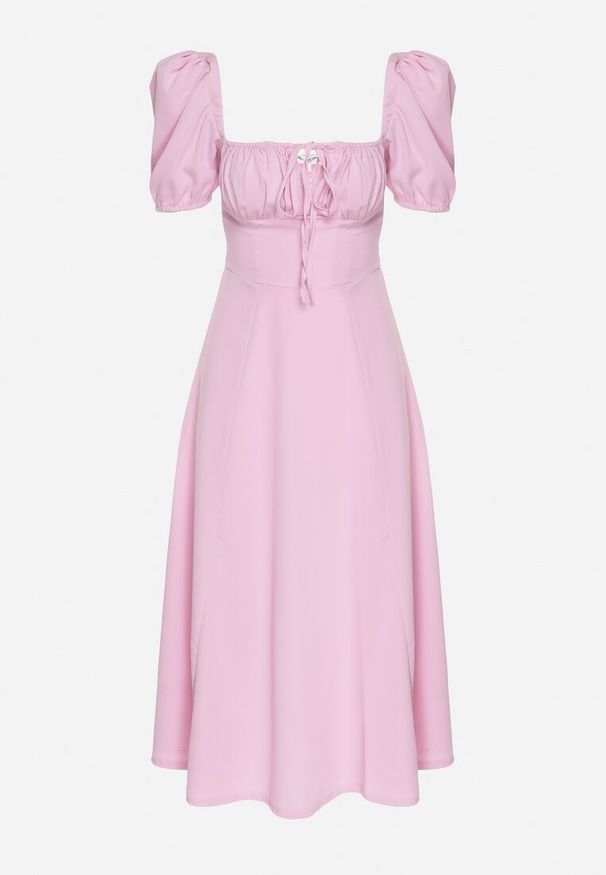 Born2be - Różowa Sukienka w Rustykalnym Stylu z Wiązaniem przy Dekolcie i Rozcięciem Idanillea. Okazja: na spacer, na co dzień. Typ kołnierza: dekolt kwadratowy. Kolor: różowy. Typ sukienki: rozkloszowane. Styl: casual