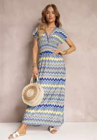 Renee - Niebieska Wzorzysta Sukienka Maxi z Gumką w Talii i Rozkloszowanym Dołem Noareya. Okazja: na co dzień. Kolor: niebieski. Typ sukienki: kopertowe, proste. Styl: casual. Długość: maxi #3
