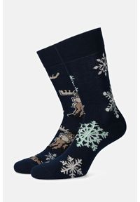 Lancerto - Skarpety Granatowe Świąteczne w Renifery i Śnieżynki. Kolor: niebieski. Materiał: bawełna, elastan, poliamid #1