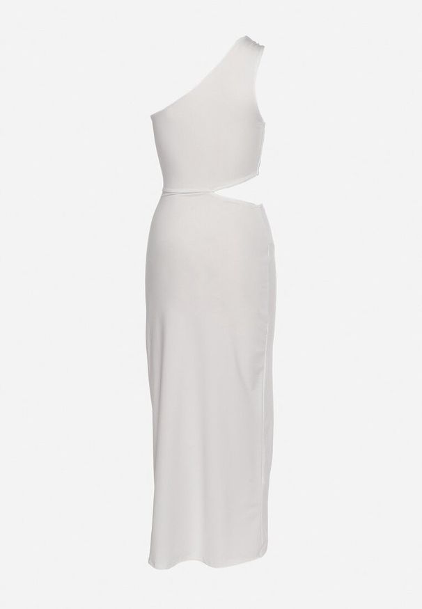 Born2be - Biała Asymetryczna Sukienka Koktajlowa na Jedno Ramię z Wycięciem i Metalową Klamrą Violea. Okazja: na imprezę. Kolor: biały. Długość rękawa: długi rękaw. Typ sukienki: asymetryczne. Styl: wizytowy