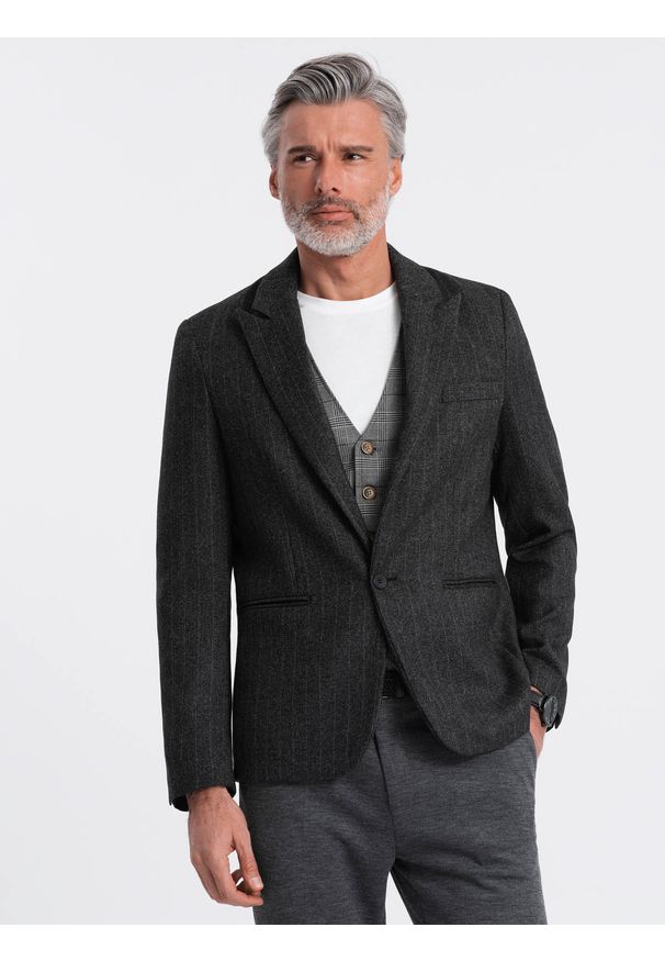 Ombre Clothing - Stylowa żakardowa marynarka męska w delikatne prążki - grafitowa V1 OM-BLZB-0113 - XL. Kolor: szary. Materiał: żakard. Wzór: prążki. Styl: elegancki