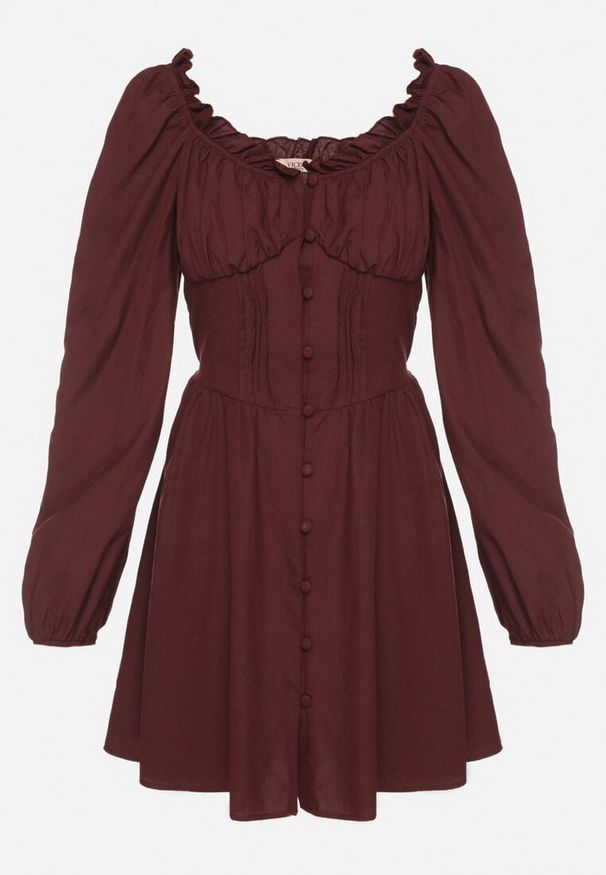 Born2be - Brązowa Sukienka Hiszpanka Vices z Gorsetową Talią i Bufiastymi Rękawami Resana. Okazja: na co dzień. Typ kołnierza: dekolt gorset, dekolt hiszpanka. Kolor: brązowy. Materiał: bawełna. Typ sukienki: gorsetowe. Styl: casual