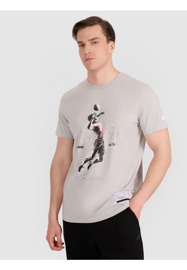 4f - 4F T-shirt regular z nadrukiem siatkarskim męski - szary M. Okazja: na co dzień, do domu. Kolor: szary. Materiał: jersey, bawełna, materiał. Wzór: nadruk. Styl: casual, klasyczny, sportowy