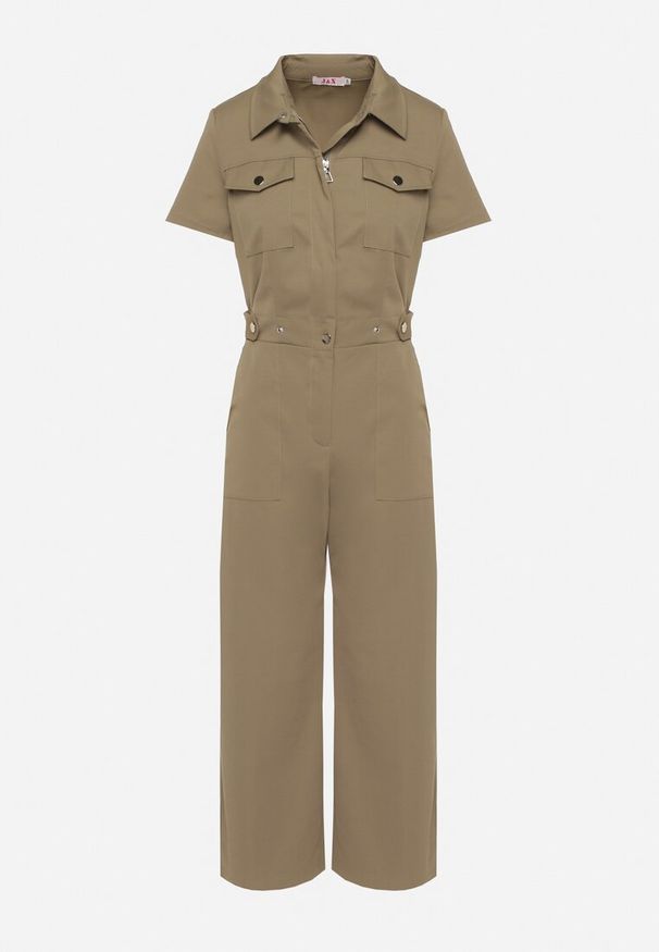 Born2be - Ciemnozielony Kombinezon na Krótki Rękaw z Kołnierzykiem i Szeroką Nogawką Jenanisela. Okazja: na co dzień. Kolor: zielony. Długość rękawa: krótki rękaw. Długość: krótkie. Styl: casual, elegancki