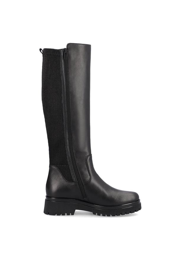 Skórzane kozaki damskie z elastyczną cholewką czarne Rieker Remonte D1B71-01. Kolor: czarny. Materiał: skóra. Szerokość cholewki: normalna