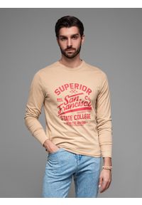 Ombre Clothing - Koszulka męska z długim rękawem z nadrukiem collegowym - piaskowa V1 - Rozmiar: XXL. Materiał: bawełna. Długość rękawa: długi rękaw. Długość: długie. Wzór: nadruk