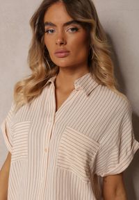 Renee - Beżowa Koszula w Paski z Krótkim Rękawem Vimorina. Okazja: na spotkanie biznesowe, na co dzień. Kolor: beżowy. Materiał: tkanina, jeans. Długość rękawa: krótki rękaw. Długość: krótkie. Wzór: paski. Styl: biznesowy, klasyczny, elegancki, casual #5