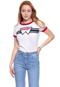 Wrangler - WRANGLER T SHIRT DAMSKI RINGER TEE WHITE W710SEV12 112130909. Wzór: nadruk