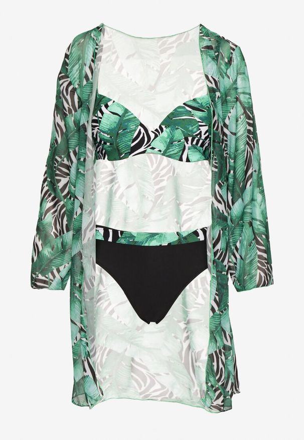 Born2be - Zielone Bikini Biustonosz Majtki Typu Figi i Siateczkowa Narzutka w Liście Folarine. Kolor: zielony