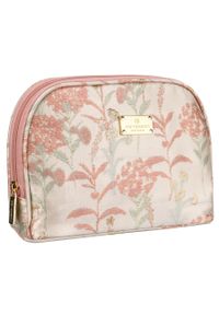 Kosmetyczka podróżna z materiału syntetycznego w różowo-beżowym kolorze zdobiona kwiatami - Peterson. Kolor: różowy, beżowy, wielokolorowy. Materiał: syntetyk, materiał. Wzór: aplikacja, kwiaty #1