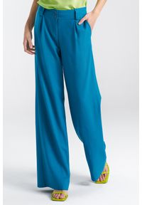 Nife - Niebieskie Szerokie Luźne Spodnie Damskie Szerokie Szlówki. Kolor: niebieski. Materiał: bawełna, len, wiskoza #1