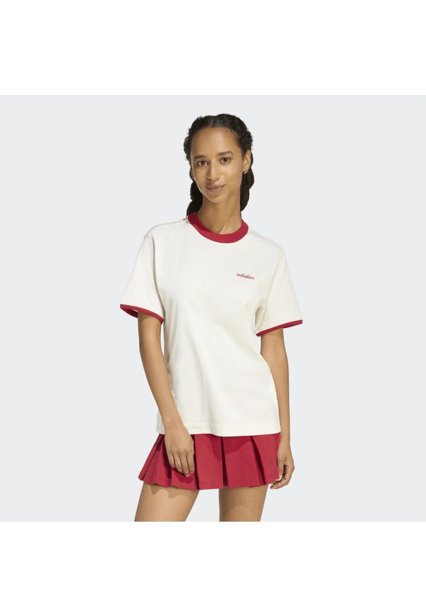 Adidas - Koszulka damska ADIDAS. Kolor: czerwony, biały, wielokolorowy. Materiał: bawełna, materiał. Wzór: haft, kolorowy