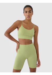 4f - 4F Biustonosz treningowy bezszwowy z niskim wsparciem damski - zielony XS/S. Kolor: zielony. Materiał: dzianina, elastan, włókno, syntetyk, materiał, prążkowany, guma. Rodzaj stanika: wyciągane miseczki. Wzór: jednolity, ze splotem. Sport: fitness, joga i pilates #1