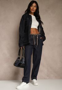 Renee - Niebieskie Szerokie Jeansy z Bawełny High Waist Ozdobione Sznurkiem Landa. Okazja: na co dzień. Stan: podwyższony. Kolor: niebieski. Wzór: aplikacja. Styl: rockowy, casual #1