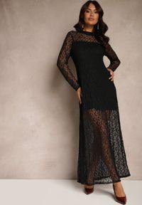 Renee - Czarna Przezroczysta Taliowana Sukienka z Koronki Vertizia. Kolor: czarny. Materiał: koronka. Wzór: koronka. Styl: elegancki #4