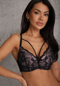 Renee - Czarno-Różowy Biustonosz z Dodatkowymi Paskami Zdobiony Koronką i Cyrkoniami Ollimi. Kolor: czarny. Materiał: koronka. Wzór: aplikacja, koronka #1