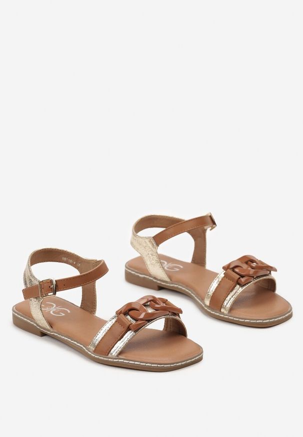 Renee - Brązowe Płaskie Sandały z Łańcuszkową Klamrą Briarly. Nosek buta: otwarty. Zapięcie: klamry. Kolor: brązowy. Wzór: aplikacja. Sezon: lato. Obcas: na obcasie. Styl: elegancki. Wysokość obcasa: niski