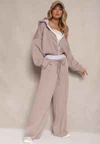 Renee - Jasnobrązowy Komplet Dresowy z Wiskozą Bluza i Spodnie o Szerokim Kroju Melriva. Kolor: brązowy. Materiał: dresówka, wiskoza #1