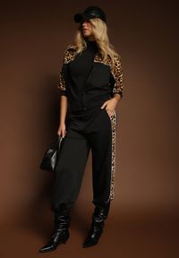 Renee - Czarny Komplet Dresowy z Panterkowymi Wstawkami Bluza i Spodnie Wide Leg Redrie. Kolor: czarny. Materiał: dresówka. Wzór: motyw zwierzęcy, aplikacja #3