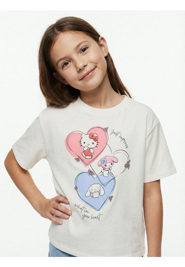 Sinsay - Bawełniana koszulka z nadrukiem Hello Kitty - kremowy. Kolor: kremowy. Materiał: bawełna. Wzór: motyw z bajki, nadruk