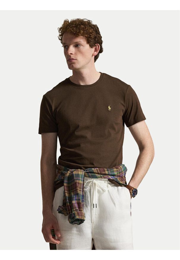 Polo Ralph Lauren T-Shirt 710671438533 Brązowy ciemny Custom Slim Fit. Typ kołnierza: polo. Kolor: brązowy. Materiał: bawełna