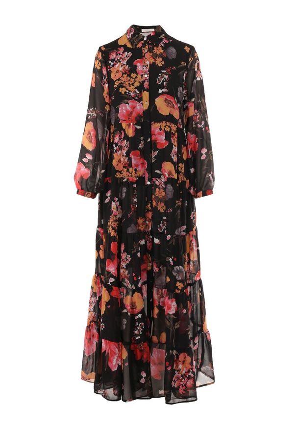 Born2be - Czarna Sukienka Doreris. Okazja: na co dzień. Kolor: czarny. Materiał: tkanina. Wzór: kolorowy, kwiaty. Typ sukienki: koszulowe, proste. Styl: casual, klasyczny. Długość: maxi