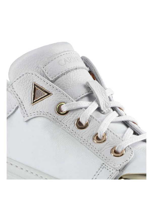 Sneakersy damskie Carinii, naturalna skóra licowa w białym kolorze z metalizowaną osłoną noska klasycznym sznurowaniem oraz grubą platformową podeszw. Okazja: na co dzień. Kolor: biały. Materiał: skóra. Szerokość cholewki: normalna. Obcas: na obcasie, na platformie. Styl: klasyczny. Wysokość obcasa: średni