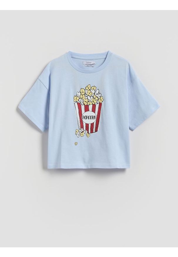 Reserved - Bawełniany t-shirt z nadrukiem - jasnoniebieski. Kolor: niebieski. Materiał: bawełna. Wzór: nadruk